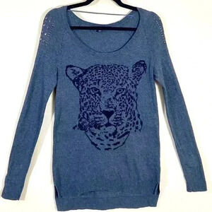 Rock & Republic Gray Scoop Neck Split Leopard Embellished Sweater Tunic Size XS